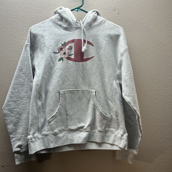 Champion Reverse Weave Hoodie Size Medium Premium Floral Sweatshirt Grey Lounge - Picture 1 of 6